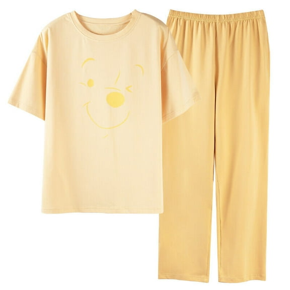 Cotton Women Pajama Set 2 Pcs Short Sleeve Pullover Top Sleepwear Long PJ Pants