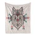 thumbnail image 1 of Tribal Soft Flannel Fleece Throw Blanket, Charming Lion Like Wolf Head Paisley Design Ornaments Print, Cozy Plush for Indoor and Outdoor Use, 50" x 60", Pearl Coral and Teal, by Ambesonne, 1 of 6