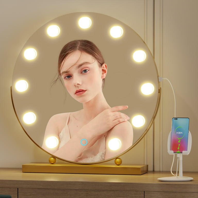 Lvsomt Hollywood Vanity Makeup Mirror With Lights 5x Magnification 3 Color Lighting Dimmable Led 360 Rotation Usb Port Large Round Lighted