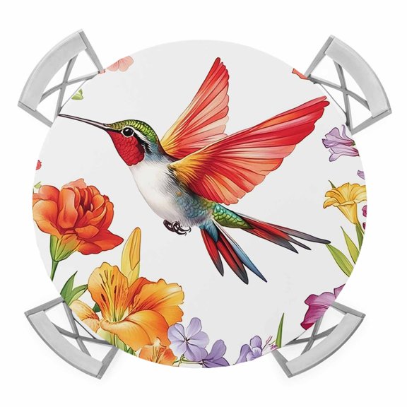 Spring Floral Round Tablecloth for 55-60 Inch Tables,Fitted Table Cover with Elastic Edge,Pastoral Summer Botanical Flowers Birds Waterproof Outdoor Table Cloth Protector for Patio Garden Dinner