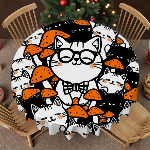 RKSupls 60 Inch Round Tablecloth, Cute Cat Mushroom Pattern Polyester Table Cover - Soft, Stain Resistant & Washable Decor for Wedding, Party, Holiday, Home Dining