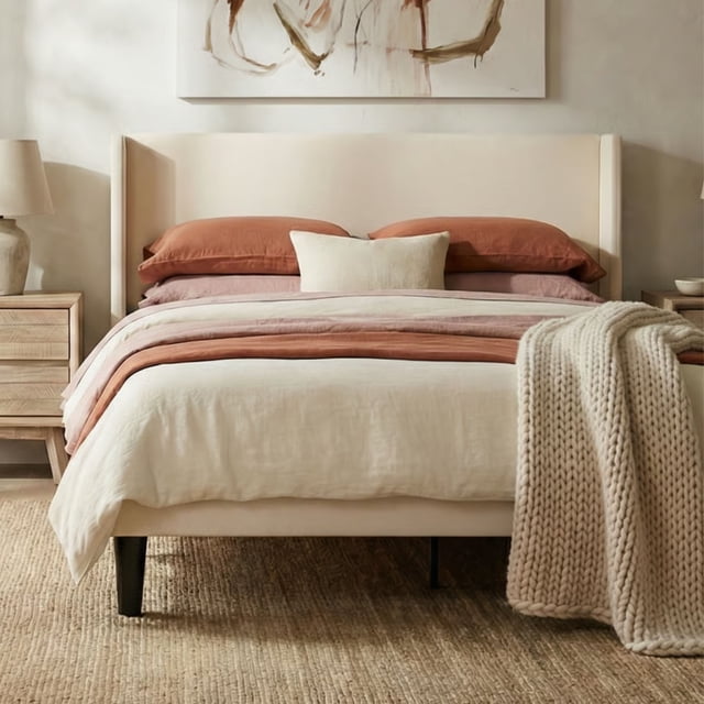 Aykah Aura Double Bed Frame, Upholstered Velvet Double Size Bed Frame with Winged Headboard, Wood Slat Support, No Box Spring Required, Non-Slip and Noise-Free