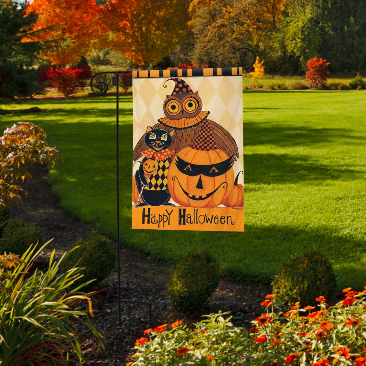 Halloween Party Primitive Garden Flag Owl Black Cat Jack o/'Lantern 12.5/" x 18/"