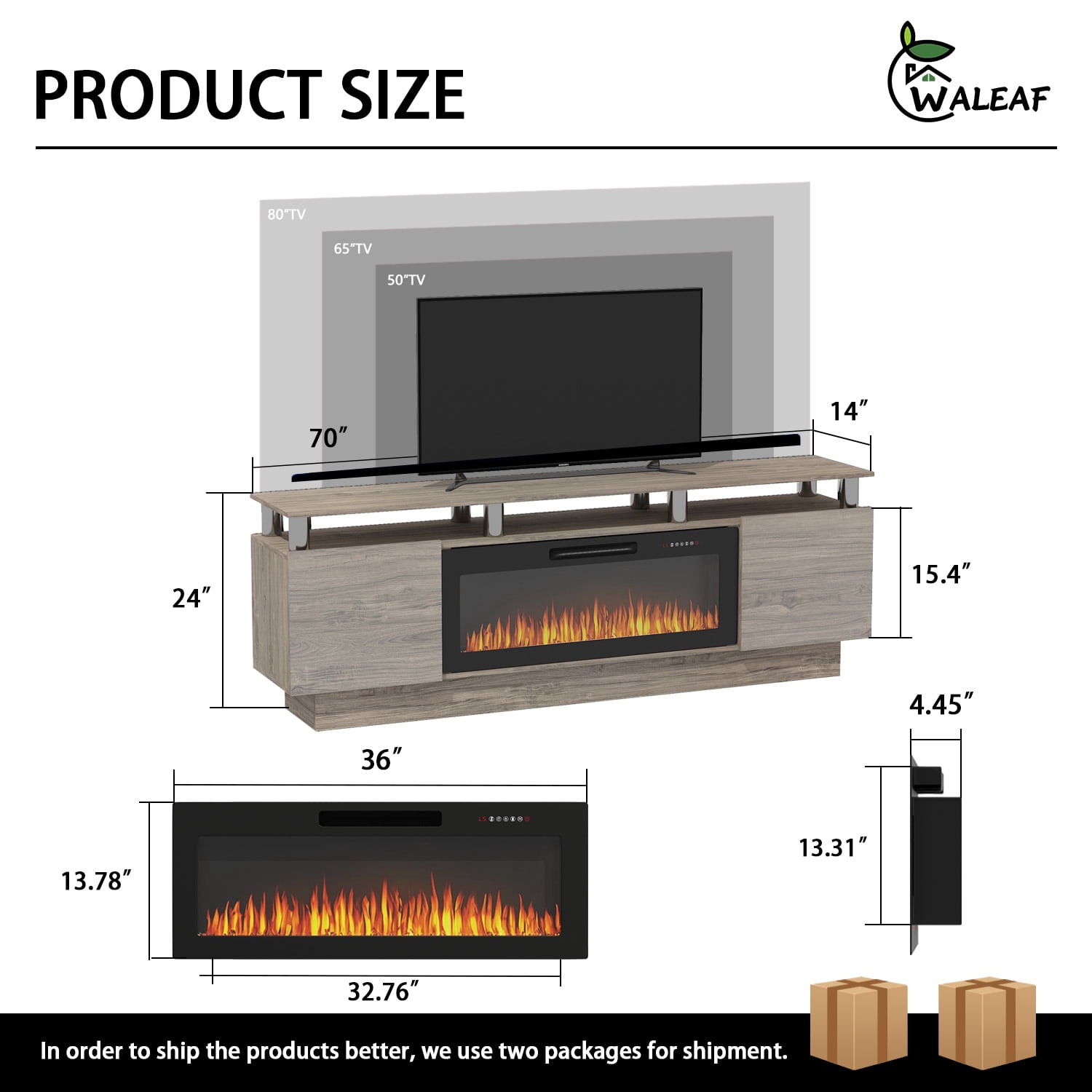 Waleaf 70" Modern Fireplace TV Stand with 36" Fireplace for TVs Up to 80", 2 Tier TV Console Stand for Living Room