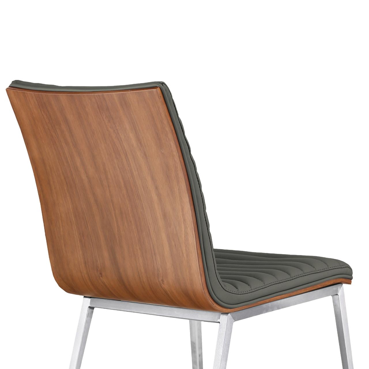 Café Brushed Stainless Steel Dining Chair in Gray Faux Leather with Walnut Back - Set of 6