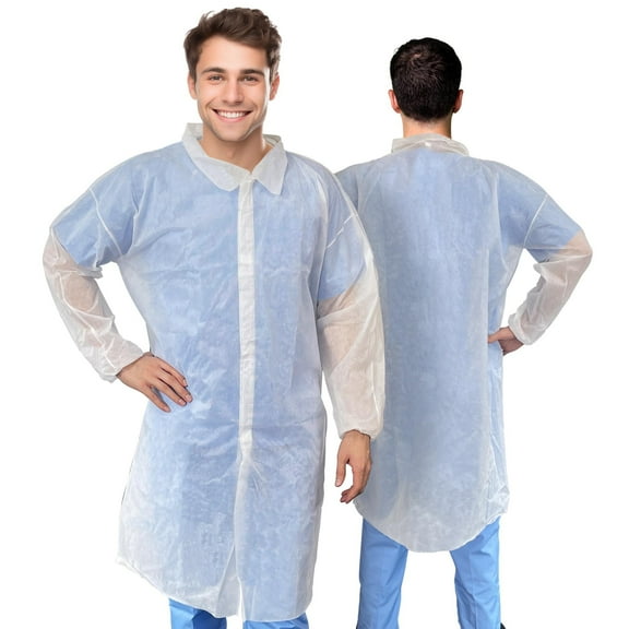 White Disposable Lab Coat, 2X-Large. 5 Pack 35 GSM Polypropylene Fabric Medical PPE Coat. Knee-Length Disposable Lab Coats with Elastic Wrists, Loop Fasteners, No Pockets