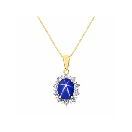 Diamond Star Pendant Necklace - Princess Diana Inspired Halo Diamond & Blue Star Sapphire Pendant Necklace Set In Set in Yellow Gold Plated Silver With 18