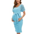thumbnail image 2 of xiaxaixu Robe pour Femme Enceinte Fleur en Maille Transparente à Manches Courtes Col Ras du Cou Robe Midi Ajustée Robe d'Été Décontractée de Maternité, 2 of 7