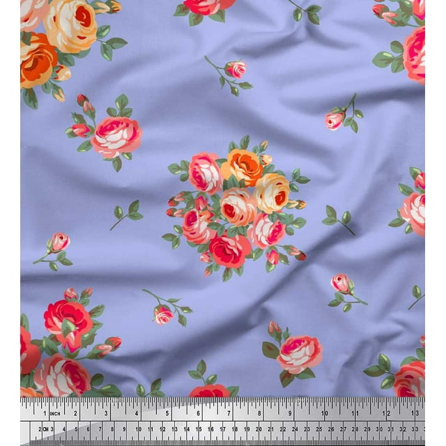 Soimoi Tissu en Coton Cambric Imprimé Feuilles & Roses au Mètre 56 Pouces de Large