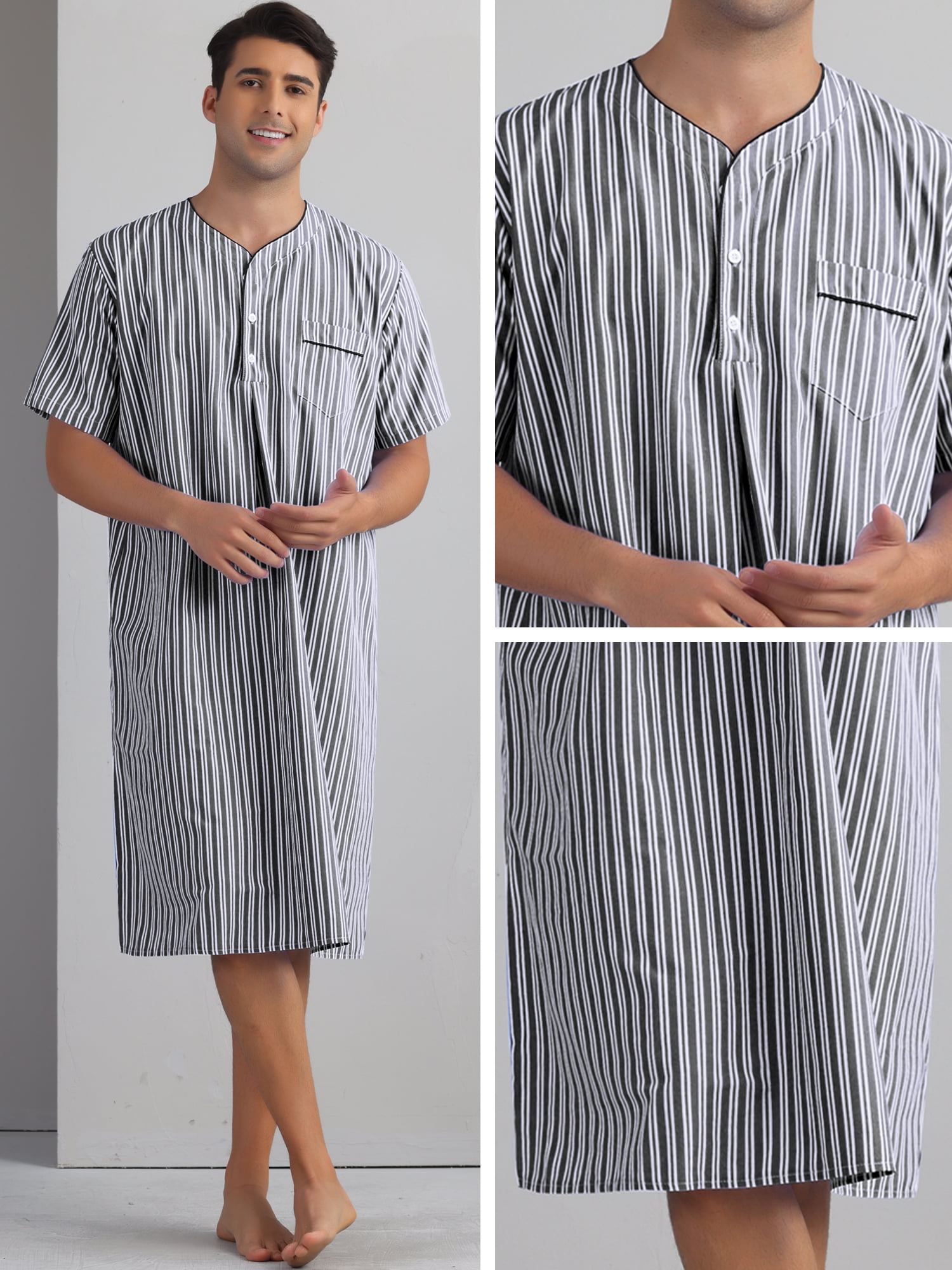 DARING DIVA Men's Short Sleeve Striped V-Neck Button Down Sleep Gown M Black