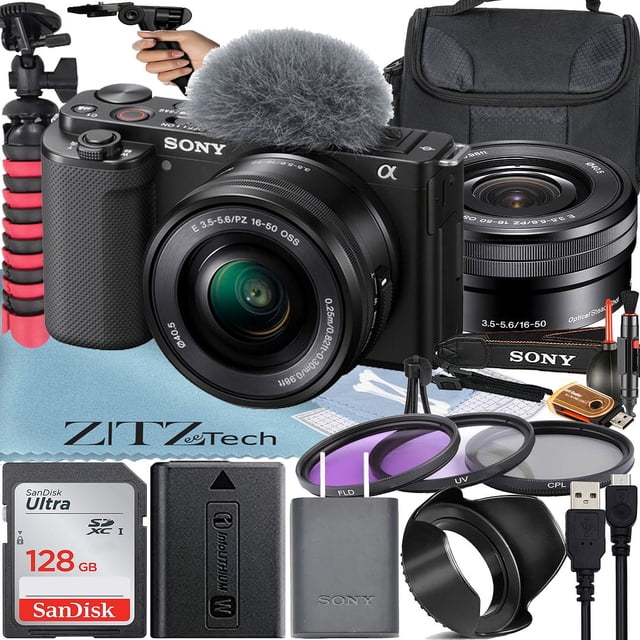 Sony ZV-E10 Mirrorless Camera with 16-50mm Lens (Black) + 128GB Memory Card + Filter Kit + Case + ZeeTech Accessory Bundle