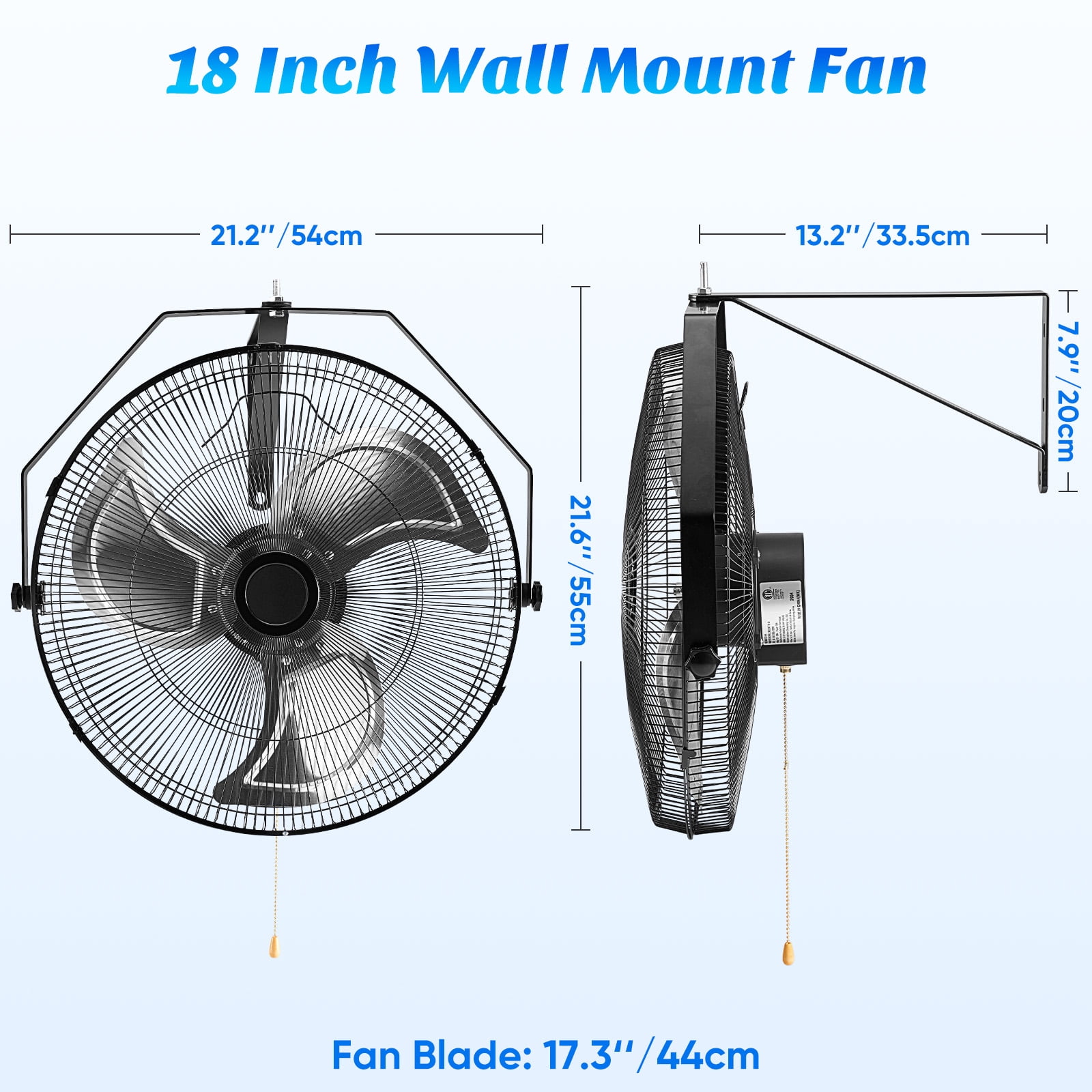 SHOUFTW 18 inch Wall Mount Industrial Fan, Oscillating 3-Speed High Velocity Fan for Garage, Workshop, Warehouse, Black