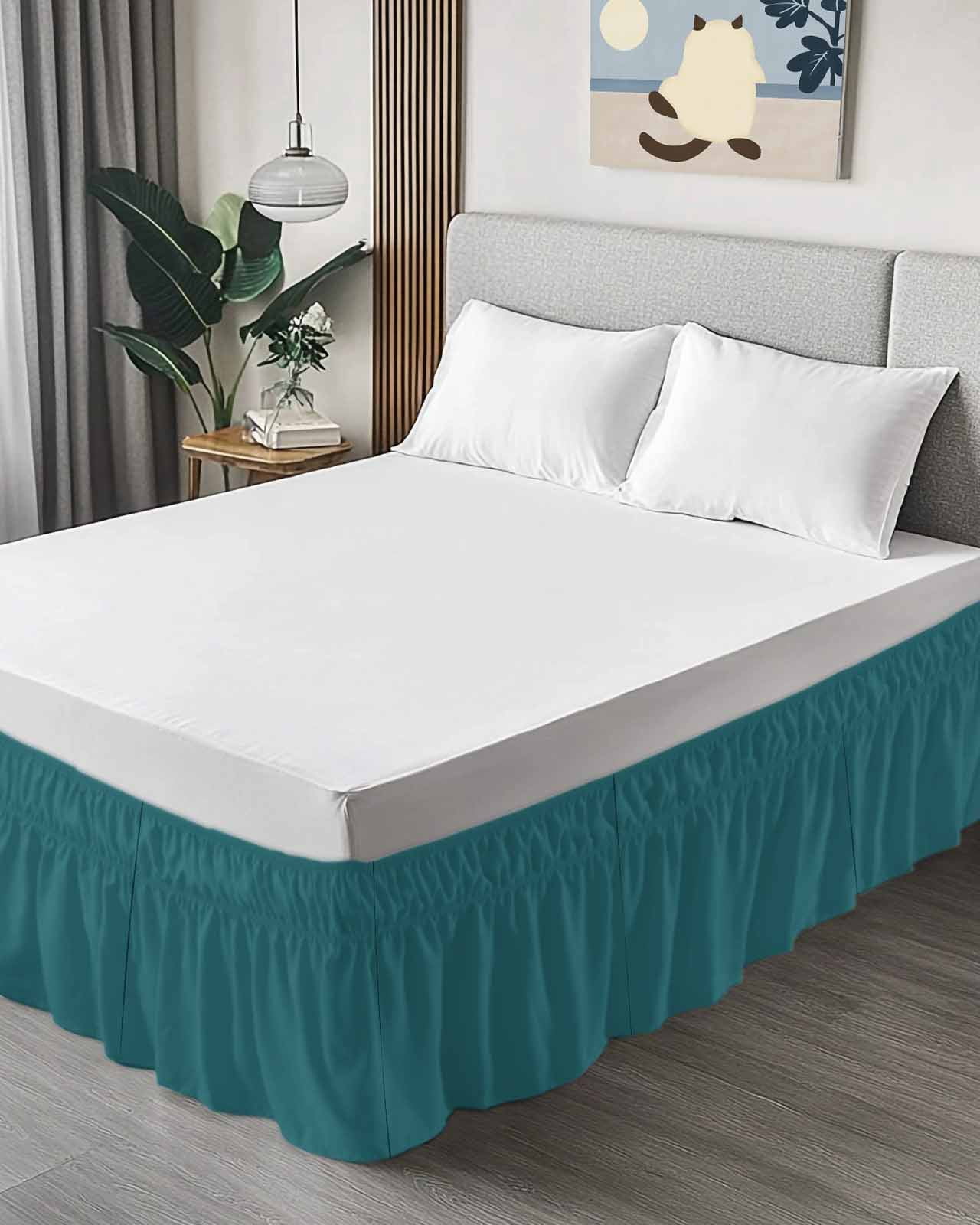 Solid Color Bed Skirt Teal Bed Skirts King Size 18 Inch Drop, Wrap Around Dust Ruffle&nbsp;Bedskirt with Adjustable Elastic Belt for Queen Size Beds
