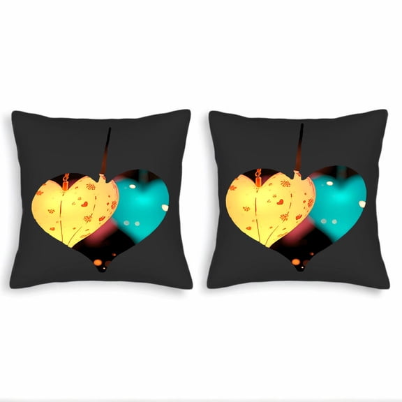 Set of 2 Decorative Throw Pillow Covers 18x18in - Stylish Overlapping Hearts in Yellow & Turquoise on Black Background for Couch Bed Car