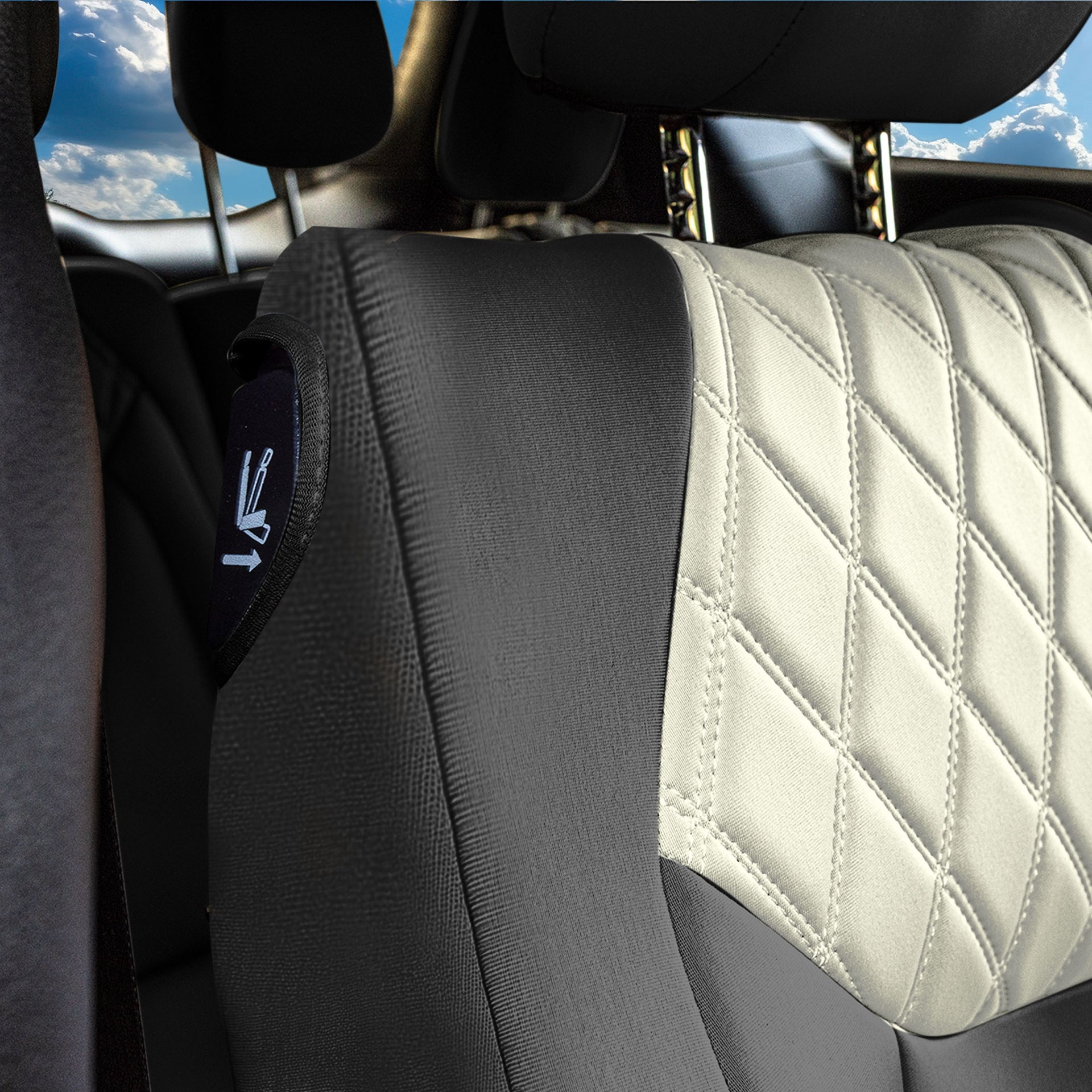 For Chrylsler Pacifica 2017-2025 FH Group Custom Fit Car Seat Covers [2nd Row - Non-Hybrid Smaller Button] Beige/Black