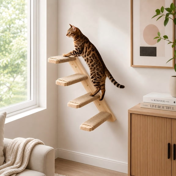 PELUOMOZ Natural Wood Cat Stair Shelf – Reversible Wall-Mounted 4-Step Climber with Sisal Rope (Indoor Cat Furniture)
