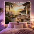 thumbnail image 2 of Sunset Over Ocean with Tropical Plants and Sailboat on a Stone Patio, Romantic Coastal for Beach Lovers, Luxury Villa Art, Housewarming Gift, Tapestry Wall Hanging for Bedroom and Living Room, 2 of 7