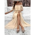 thumbnail image 6 of Women'S Off Shoulder Dot Maxi Dress Ruffle Corset Tassel High Waist Sundress Split Solid Casual Long Dress Apricot M, 6 of 8