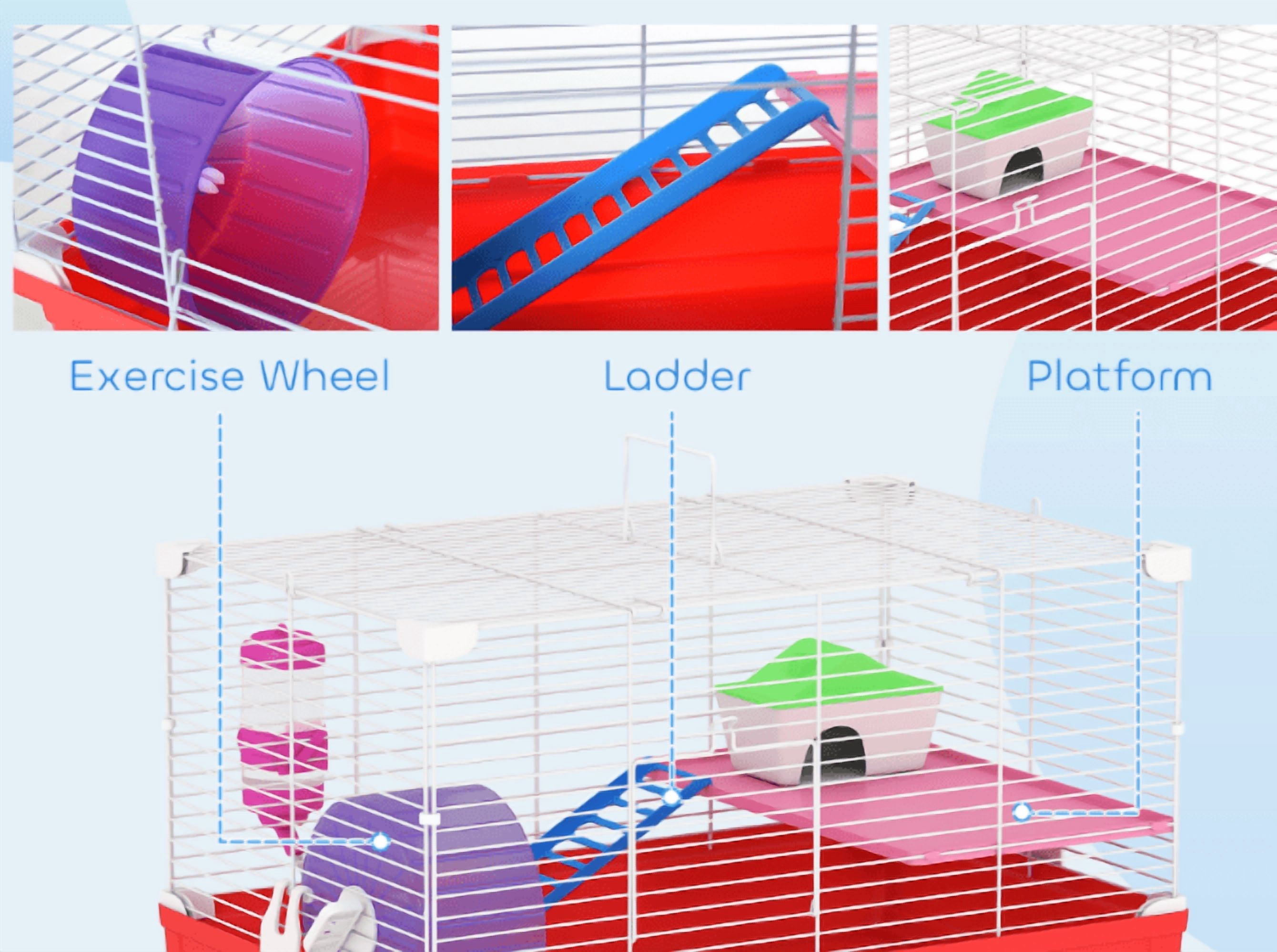 Hamster Cage 18.5", 2-Story Small Animal Habitat Kit - Wheel, Bottle, Dish, Rat House - Red