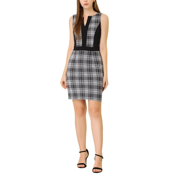 INSPIRE CHIC Vestido de Lápiz Sin Mangas con Cuello en V y Apliques para Mujeres en el Trabajo S Negro-Cuadros
