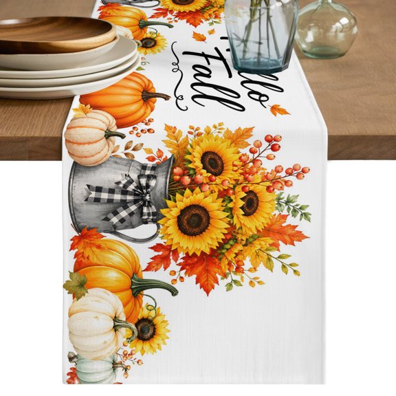 Table Runners 90 Inches Long Dress Scarves, Fall Thanksgiving Farmhouse Coffee/Dining/Kitchen Table Decor Table Runner for Living Room, White Orange Pumpkin Leaf Flower Autumn 13x90 Inch