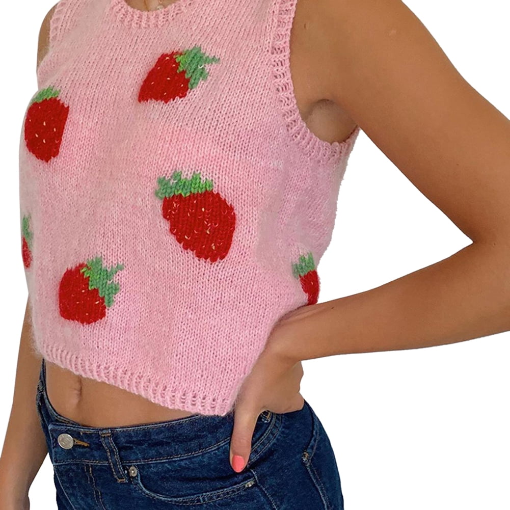 Floerns Womens Strawberry Print Sleeveless Round Neck Crop Sweater Vest