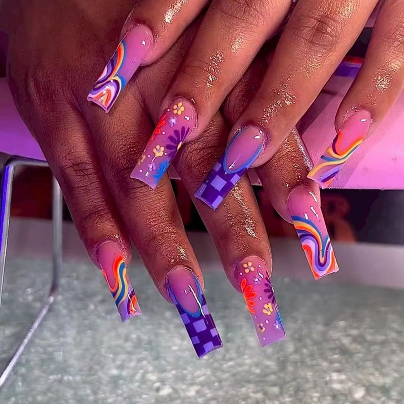 24 Long Coffins with Purple Flower Patterns ABS Full Gloss Fake Nails&1 Nail File and 1 Piece of Jelly Glue press on nails