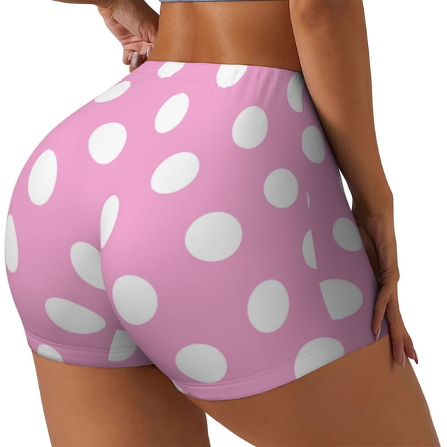 Fotbe Pink And White Polka Dot Shorts Sin Costuras – Shorts Deportivos de Cintura Alta para Mujer, Elásticos para Gimnasio, Yoga, Running o Ciclismo-Large