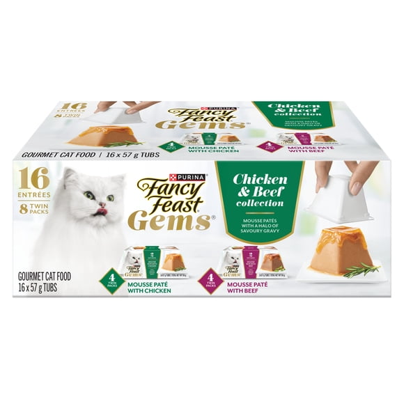 Fancy Feast Gems Mousse en Pâté Collection Poulet et Bœuf Emballage Assorti, Nourriture Humide pour Chats, 57 g x 16