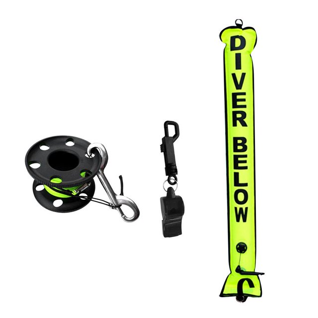 de Equipo de Seguridad de Buceo Multiusos (3 Piezas) - Tubo de Señal SMB de 4 Pies Y Carrete Y Silbato de de 30 M, para Buceo con Esnór kusrkot Equipo de señalización de salchicha de seguridad SMB de alta visibilidad