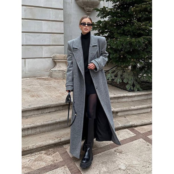 Abrigo elegante gris con hombros acolchados para mujer, abrigo clásico de manga larga con solapa y una hilera de botones, chaquetas largas de moda para mujer 2024