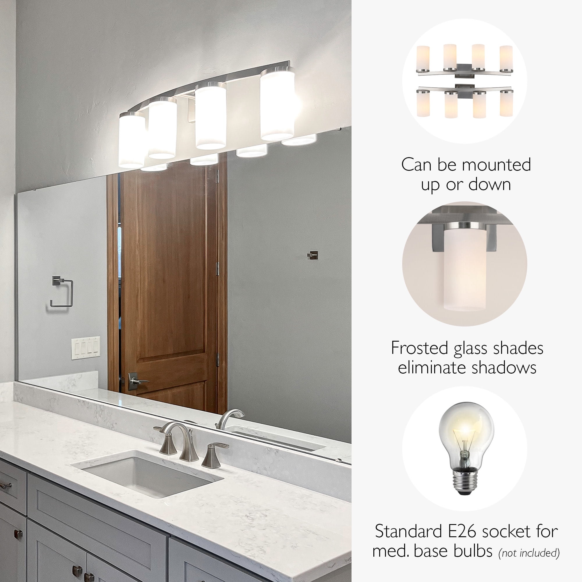 Breckham 4-Light Vanity Light in Satin Nickel, 30.0 in Curved Bar with Frosted Glass