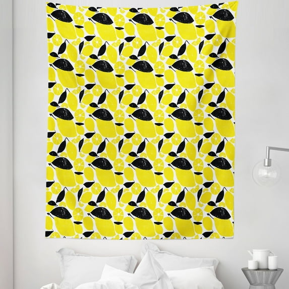 Lemons Tapestry, Summer Breeze Sketched Yellow Lemon and Skinless Half Slices, Fabric Wall Hanging Decor for Bedroom Living Room Dorm, 5 Sizes, Black White and Yellow, by Ambesonne