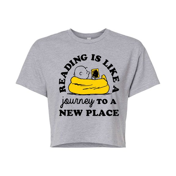 Peanuts - Reading Is Like A Journey To A New Place - Juniors Cropped Cotton Blend T-Shirt