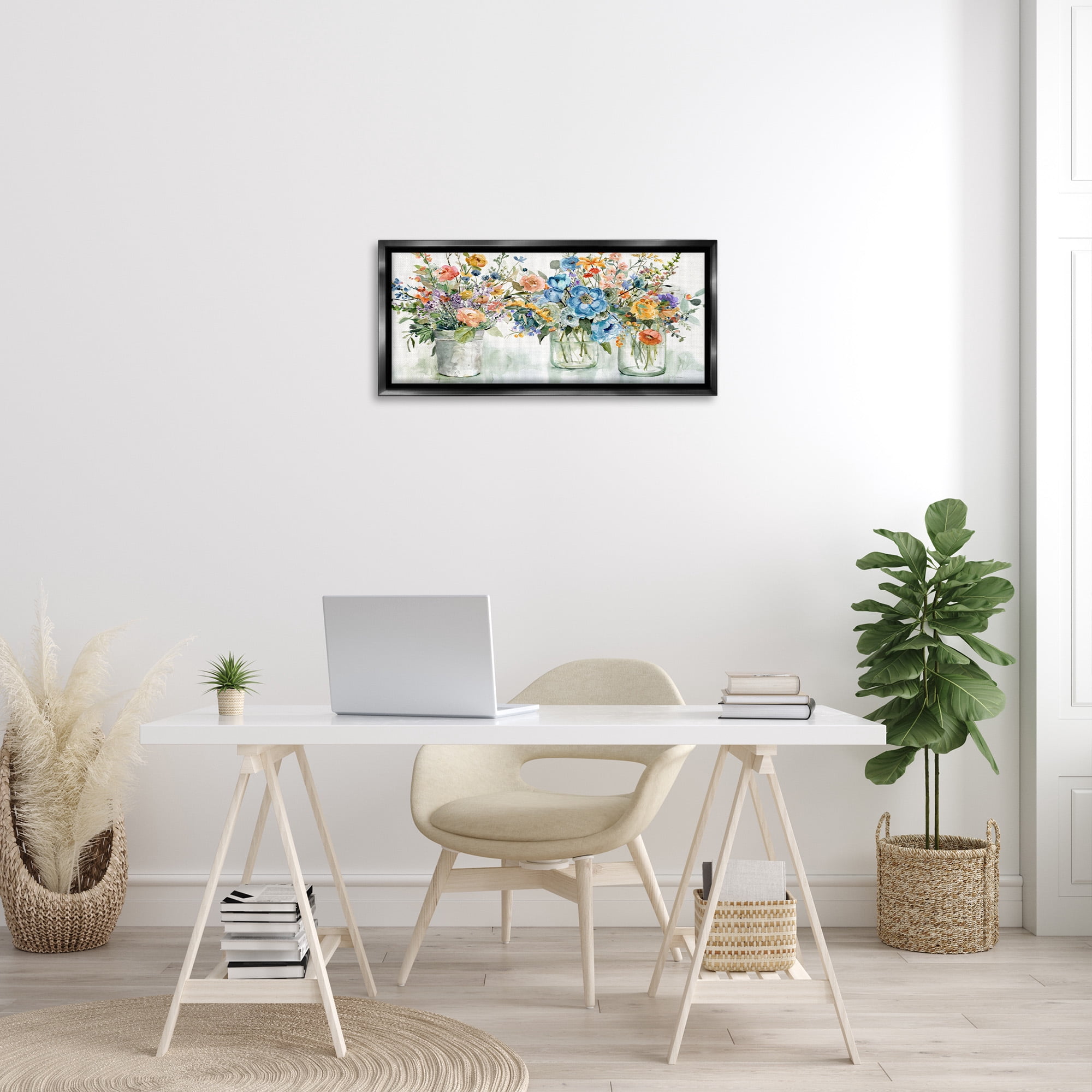 Stupell Industries French Cottage Flower Jars Botanical & Floral Painting Black Floater Framed Canvas Art Print Wall Art, 31 x 14