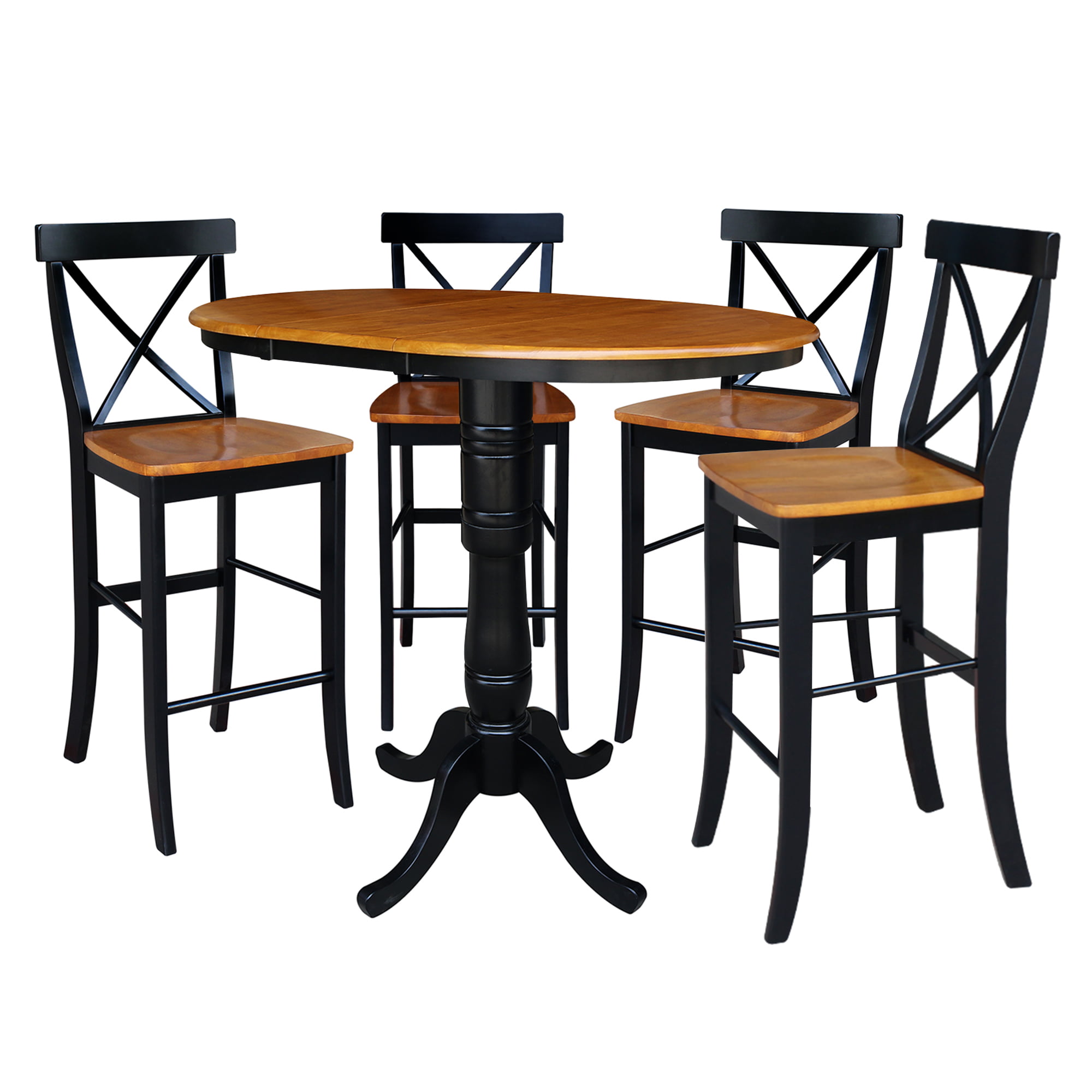 36" Round Bar Height Table with 12" Leaf and 4 X-back Stools - Black
