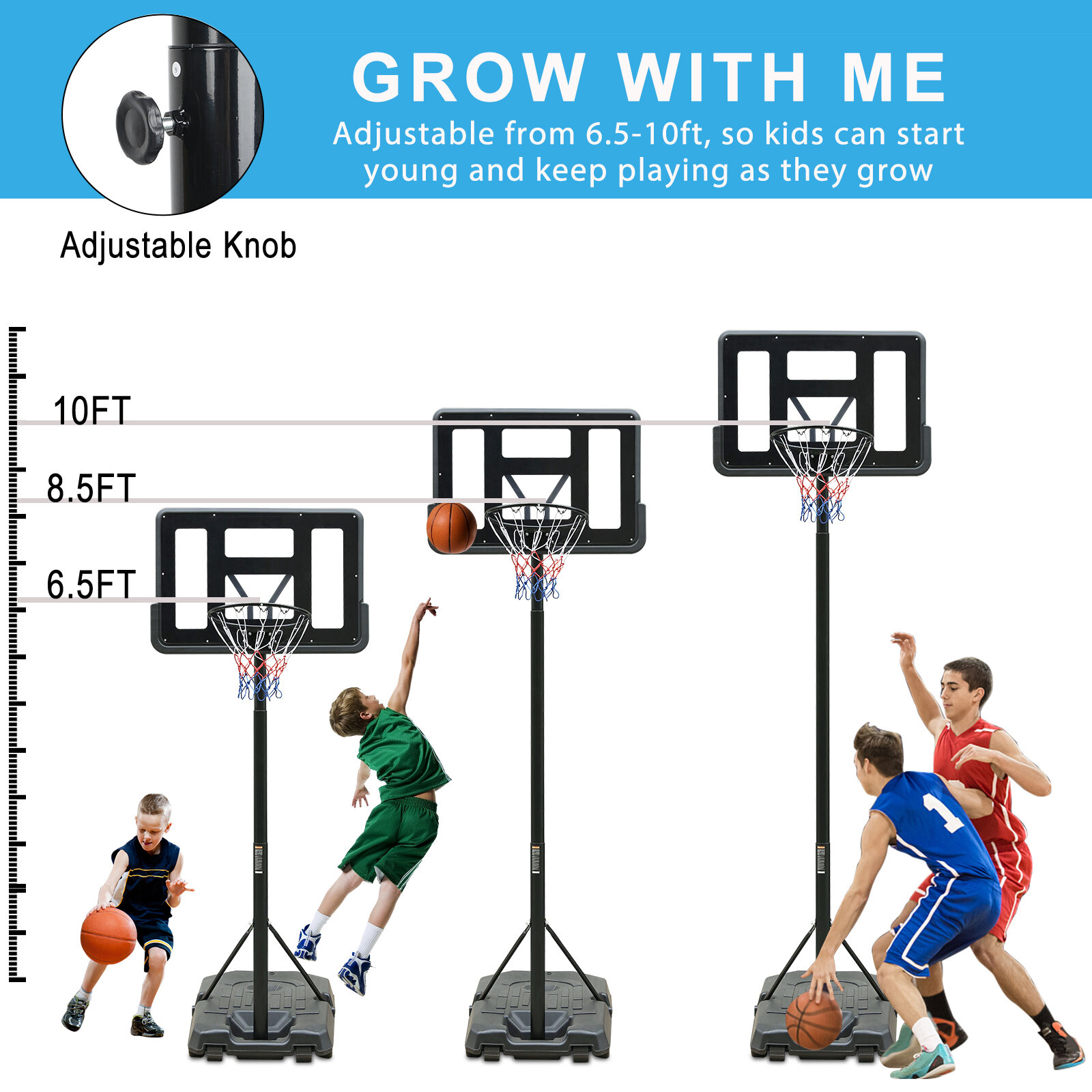 Basketball Hoop Portable Basketball Hoop Height Adjustable basketball hoop stand 6.5ft - 10ft with 44 Inch Backboard and Wheels for Adults Teens Outdoor Indoor,Basketball Goal