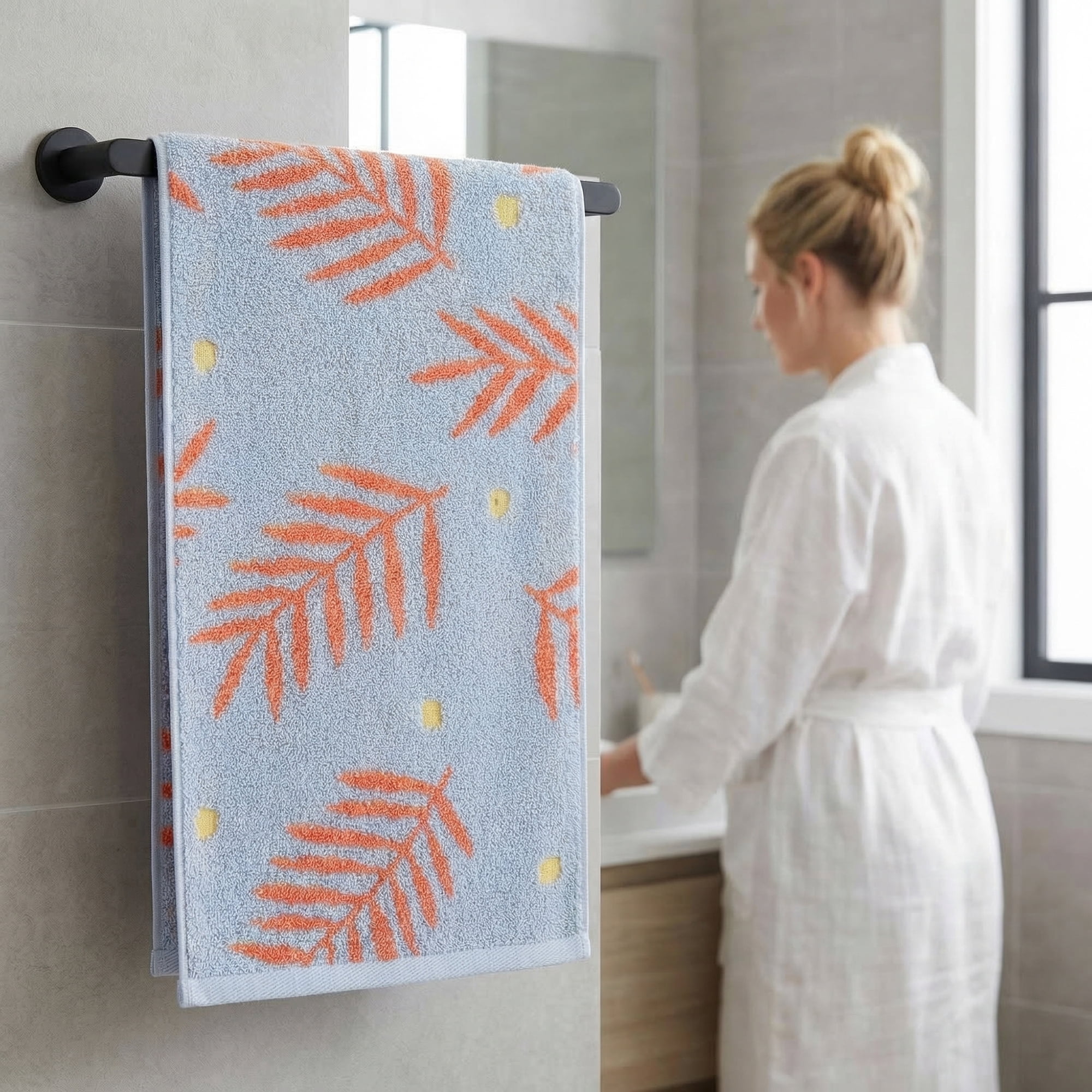 Unique Bargains Cotton Soft Hand Towel Leaf Pattern Absorbent Towel Blue 29" x 13"