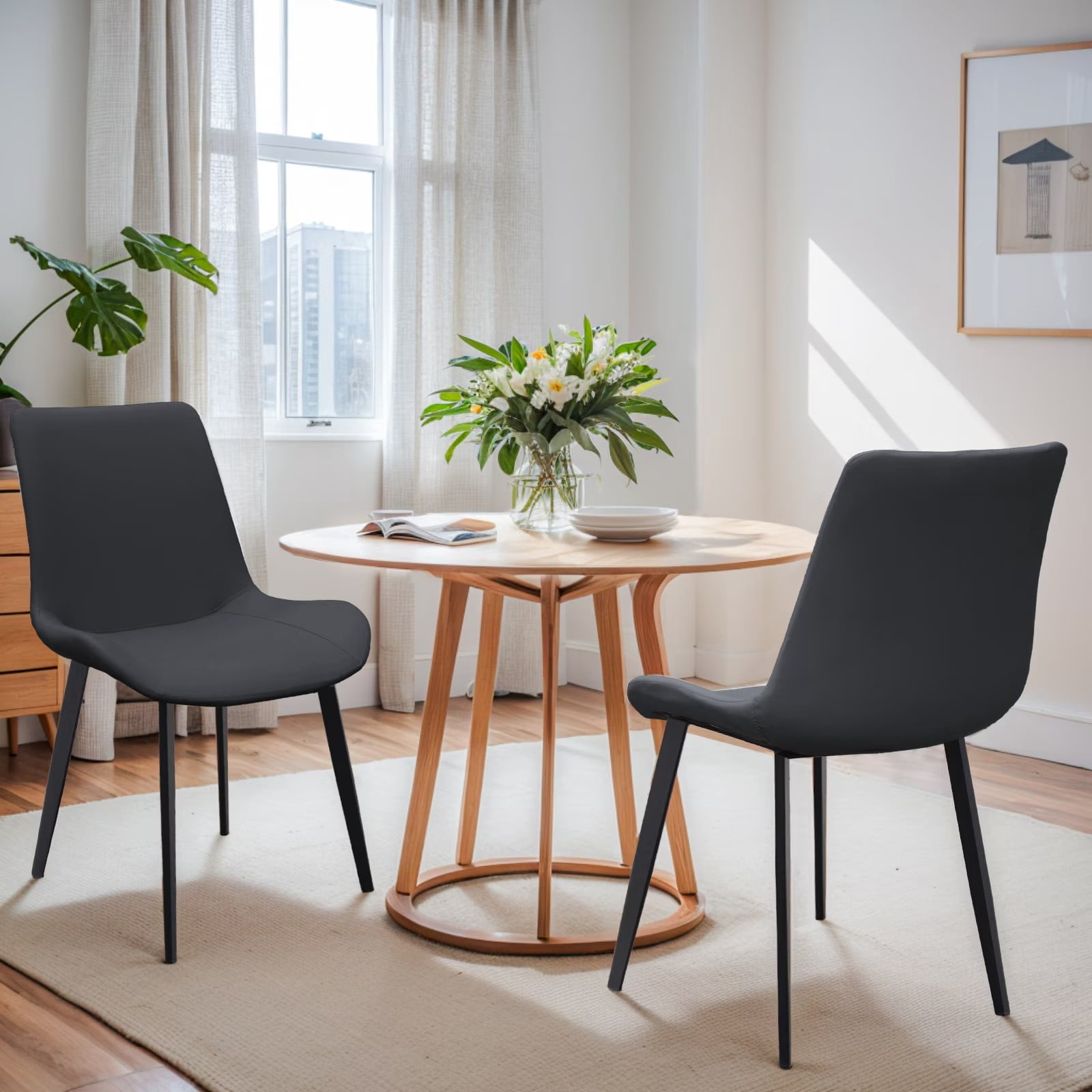 Black PU Leather Dining Chairs Set of 2, Modern Upholstered Kitchen Chairs with Metal Legs, Armless Side Chairs for Dining Room, Restaurant, Living Room & Meeting Room