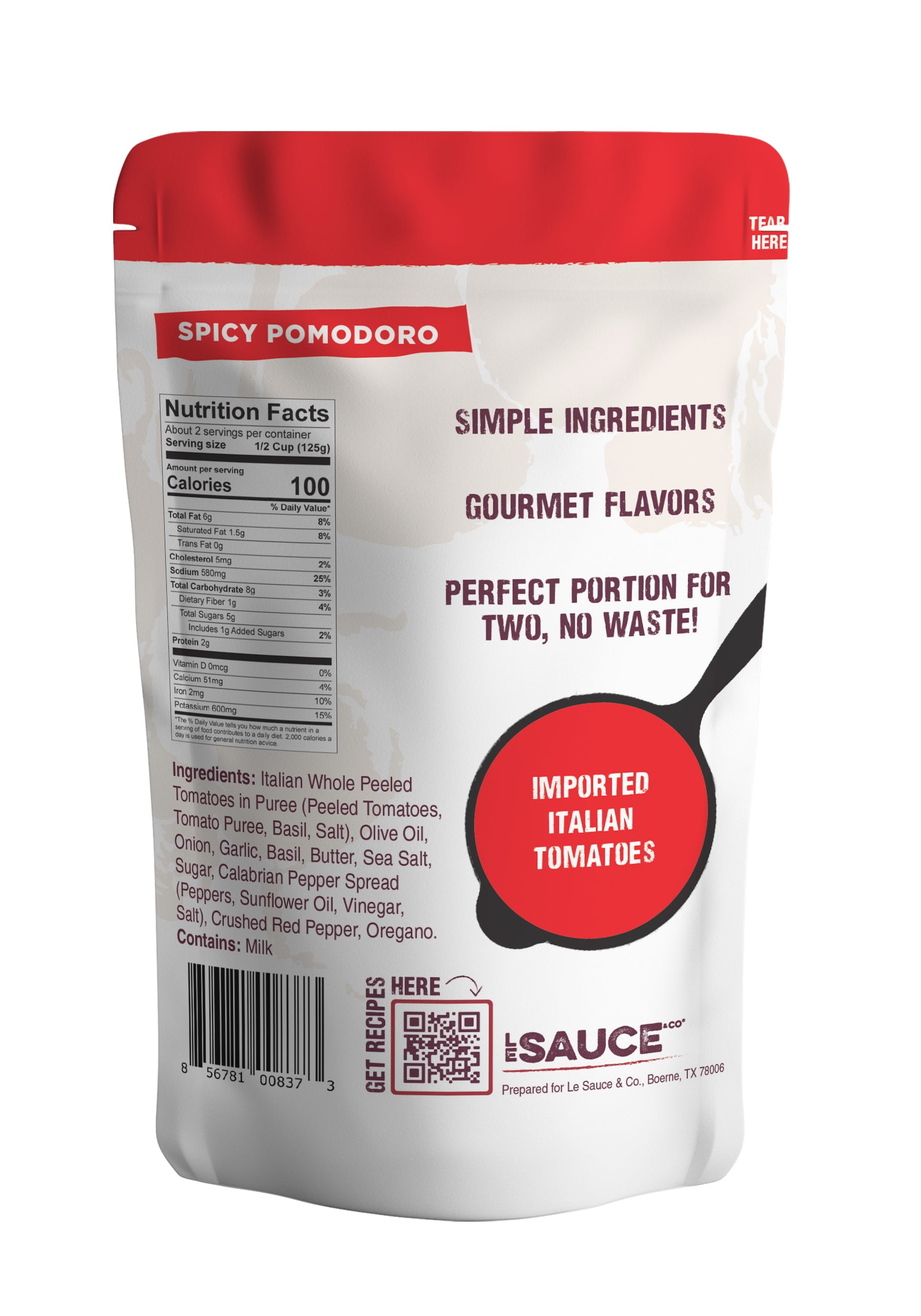 Le Sauce & Co. Spicy Pomodoro Gourmet Pasta Sauce, 8.8 oz, 2 Serving Pouch