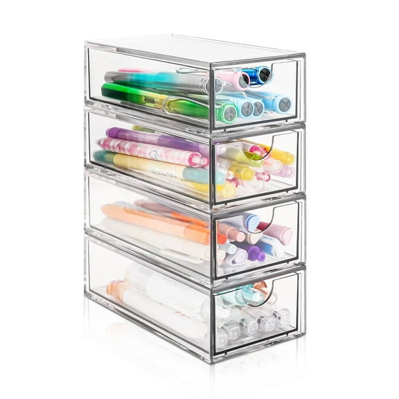BZUEPRS Makeup Drawer Storage Organizer with 4 Drawers, 4 Pcs Acrylic Office Desk Organization and Storage, Dustproof Drawer Organizer for Makeup, Office, Countertop, Jewelry, Pen, Desktop, Bathroom
