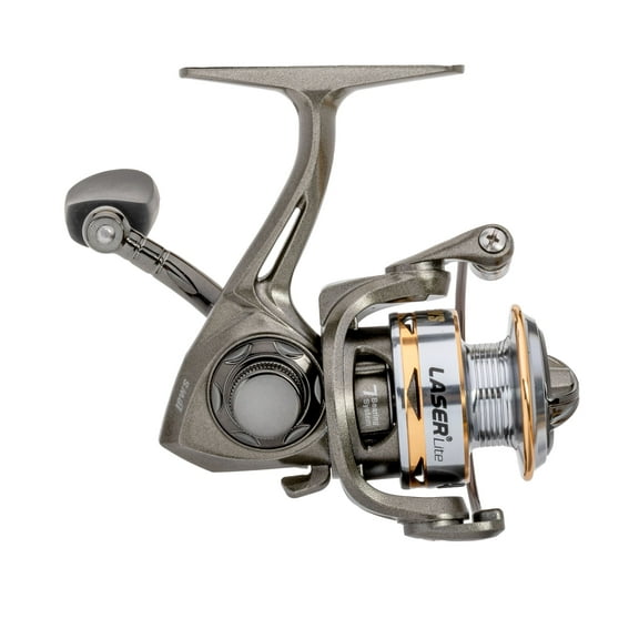 Lew’s Laser Lite Spinning Fishing Reel, Size 100 Reel, 6 1 Bearings, 5.1:1 Gear Ratio, Graphite Frame and Sideplate, Speed Lube, Multi-Disc Drag, Reversible Retrieve, Metallic Gray/Silver/Gold