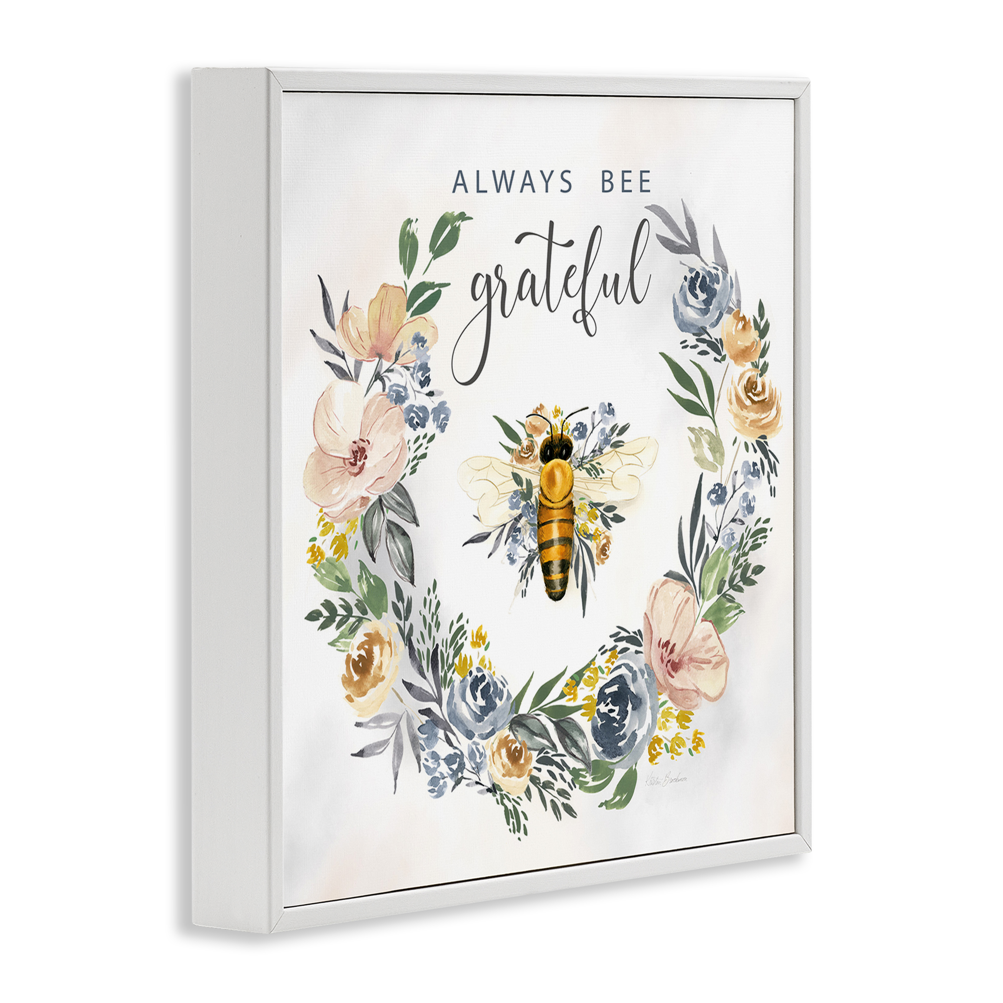 Stupell Industries Country Bee Grateful Botanical & Floral Painting White Framed Art Print Wall Art, 12 x 12