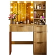 thumbnail image 5 of Hassch 33.5" Makeup Vanity Table, Dressing Table with LED Light and Mirror, Makeup Table with Power Outlet, 4 Drawers and 2 Shelves for Bedroom, Oak, 5 of 6
