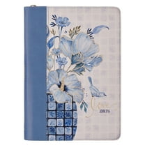Christian Art Gifts Inspirational Zippered Journal, Love Wide Ruled Notebook, John 3:16 Bible Verse, Blue Vegan Leather Floral, 336 Lined Pages w/scripture, (9” x 6.4” x .9”)