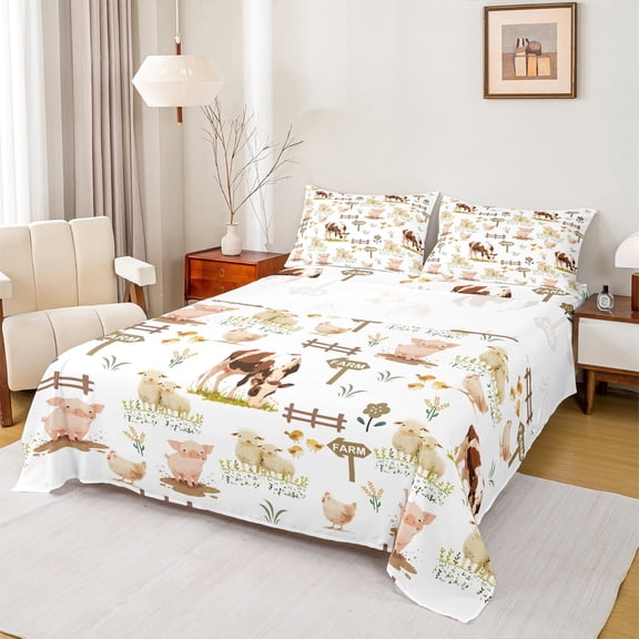 Homewish Farm Animal Cattle Twin Sheet Sets,Cute Pig Sheep Twin Fitted Sheet,Rustic Farmhouse Cabin Flat Sheet For Boy Girl,Microfiber Bedroom Decor,3-Piece