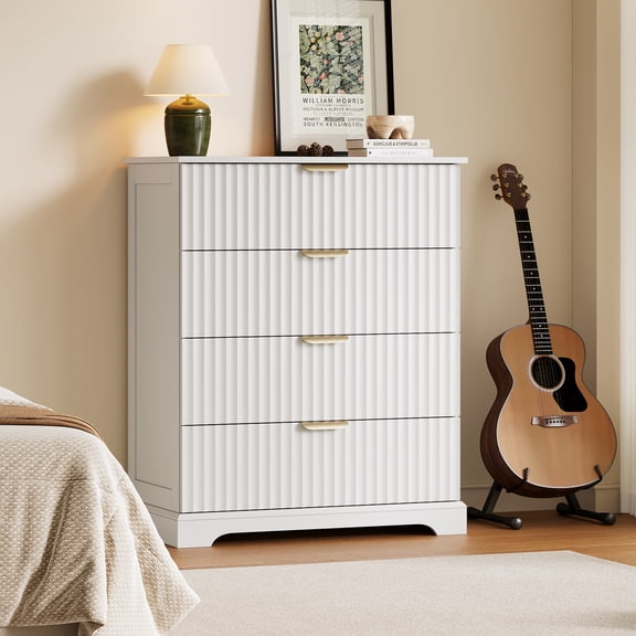 Treocho 4-Drawer Dresser, 30"W Fluted Chest of Drawers with Golden Metal Handles, White