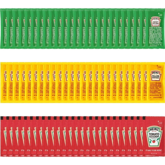 Heinz Condiment Packets On the Go, Ketchup, Mustard, Relish, 25 Packets Each, 75 Total