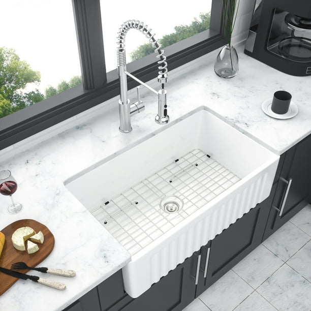 Dcenta White Farmhouse Sink 30 inch Kitchen Sink Apronfront White
