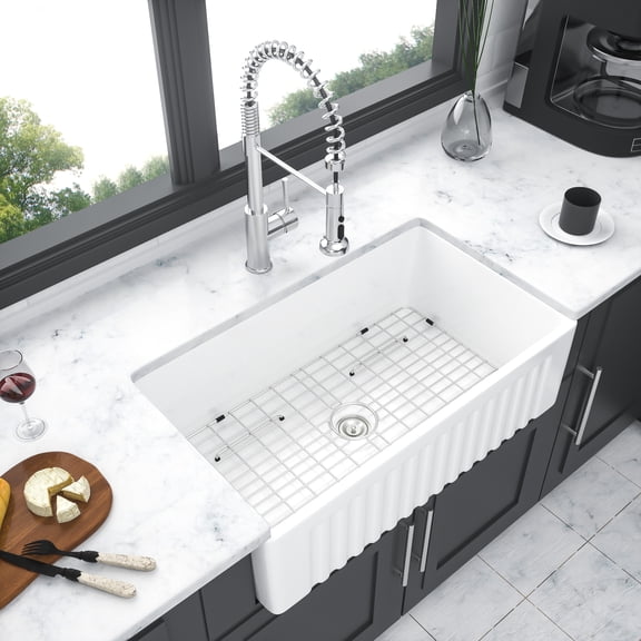 White Farmhouse Sink - 30 x 18 x 10 inch Kitchen Sink Apron-front White Porcelain Ceramic Reversible Single Bowl Kitchen Farm Sinks